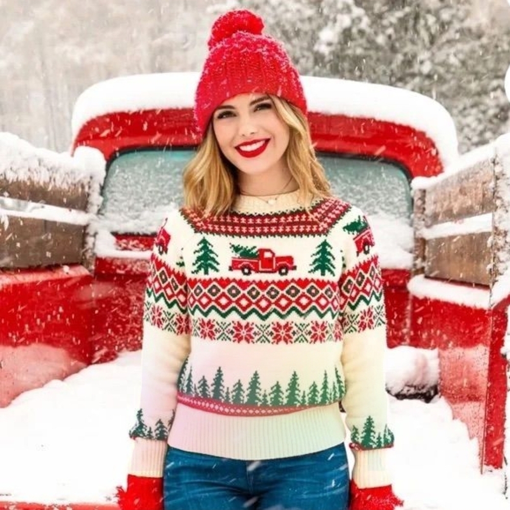 Kiel James Patrick Red and Green Crew Neck Sweater